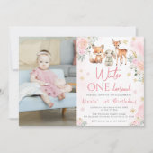 ピンクの冬のオネダーランドの誕生日の写真の招待状 招待状 (正面)