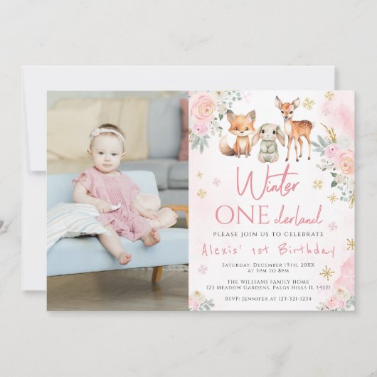 ピンクの冬のオネダーランドの誕生日の写真の招待状 招待状 (正面)