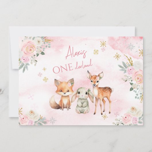 ピンクの冬のオネダーランドの誕生日の写真の招待状 招待状 (裏面)