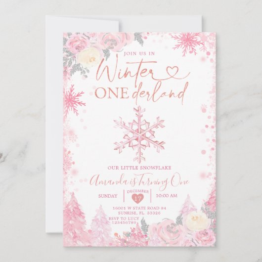 ピンクの冬のオネダーランドスノーフレーク1st誕生日 招待状 (正面)