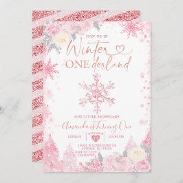 ピンクの冬のオネダーランドスノーフレーク1st誕生日 招待状