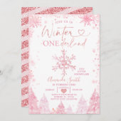 ピンクの冬のオネダーランドスノーフレーク1st誕生日 招待状 (正面/裏面)