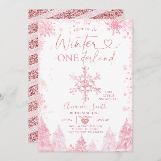ピンクの冬のオネダーランドスノーフレーク1st誕生日 招待状 (正面/裏面)