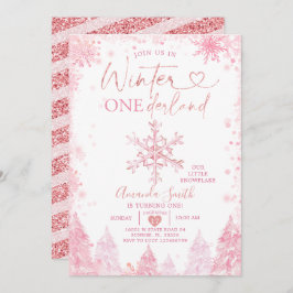 ピンクの冬のオネダーランドスノーフレーク1st誕生日 招待状
