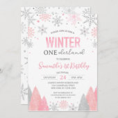 ピンクの冬のオネダーランド雪の結晶1st誕生日 招待状 (正面/裏面)