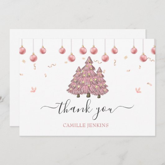 ピンクの冬のクリスマスガール赤ちゃんシャワー サンキューカード (正面/裏面)