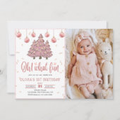ピンクの冬のクリスマスツリーの誕生日パーティーの写真 招待状 (正面)