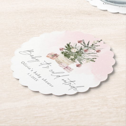 ピンクの冬のクリスマスツリーの赤ちゃんシャワー ペーパーコースター (アングル)