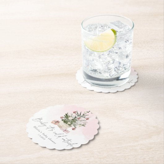 ピンクの冬のクリスマスツリーの赤ちゃんシャワー ペーパーコースター (インサイチュ)