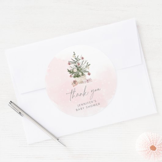 ピンクの冬のクリスマスツリーの赤ちゃん感謝していシャワーあなた ラウンドシール (封筒)