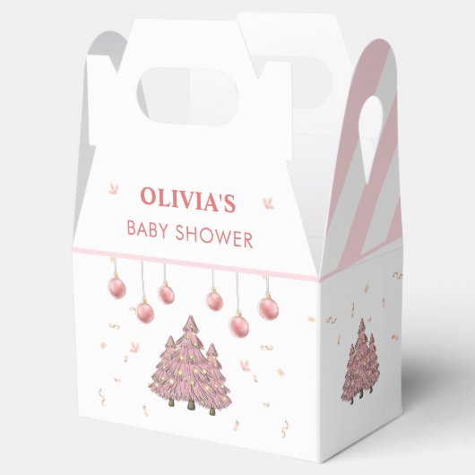 ピンクの冬のクリスマスツリーサンタベビーシャワー フェイバーボックス (オープン)