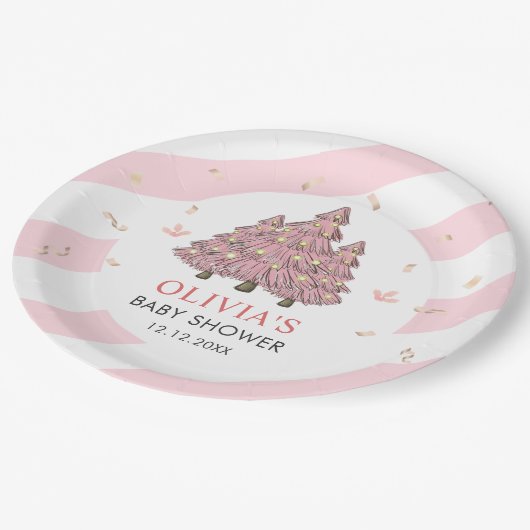 ピンクの冬のクリスマスツリーサンタベビーシャワー ペーパープレート (アングル)