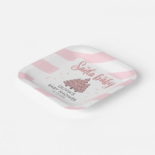 ピンクの冬のクリスマスツリーサンタベビーシャワー ペーパープレート (傾斜あり)