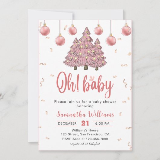 ピンクの冬のクリスマスツリーサンタ赤ちゃんシャワー 招待状 (正面)