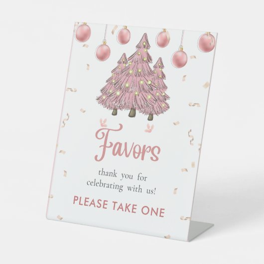 ピンクの冬のクリスマスツリー誕生日の好意サイン 台座サイン (正面)