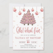 ピンクの冬のクリスマスツリー誕生日パーティー 招待状 (正面)