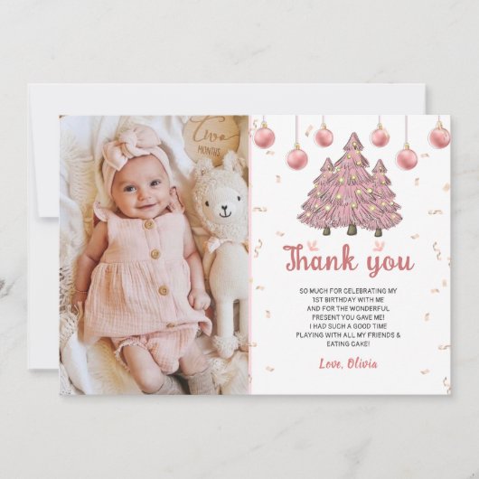 ピンクの冬のクリスマスツリー誕生日写真 サンキューカード (正面)