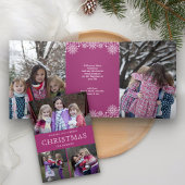 ピンクの冬のクリスマスフォトコラージュ 三つ折りクリスマスカード