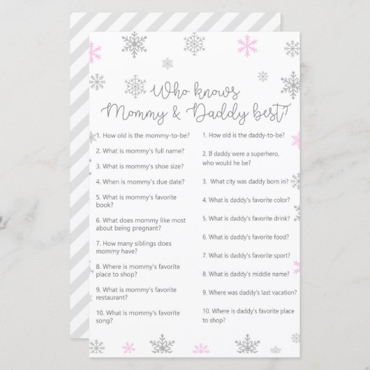 ピンクの冬のスノーフレーク赤ちゃんシャワーゲーム印刷 (正面/裏面)