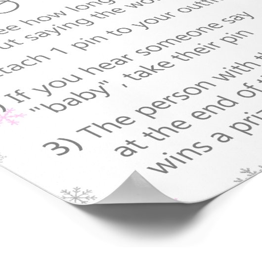 ピンクの冬のスノーフレーク赤ちゃんシャワーサイン ポスター (角)