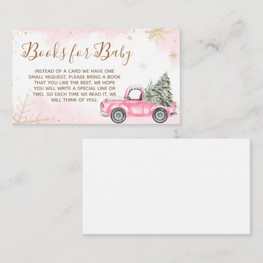 ピンクの冬のトラック赤ちゃんシャワー本ベビー エンクロージャーカード (正面/裏面)