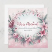 ピンクの冬のフレームクリスマス シーズンカード (正面/裏面)