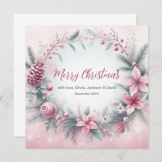 ピンクの冬のフレームクリスマス シーズンカード (正面/裏面)