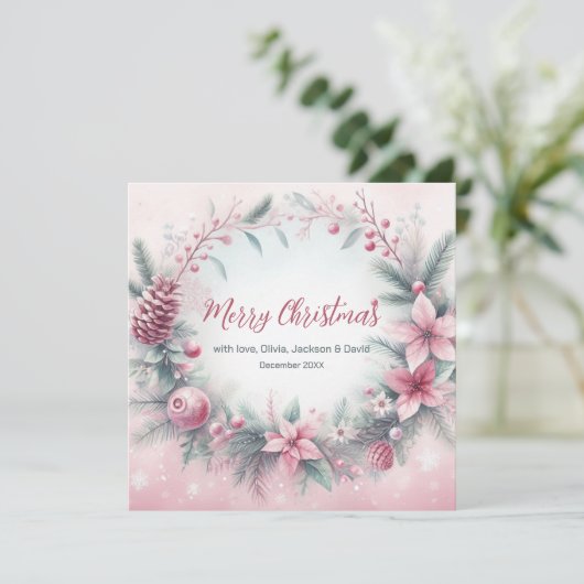 ピンクの冬のフレームクリスマス シーズンカード (スタンド正面)