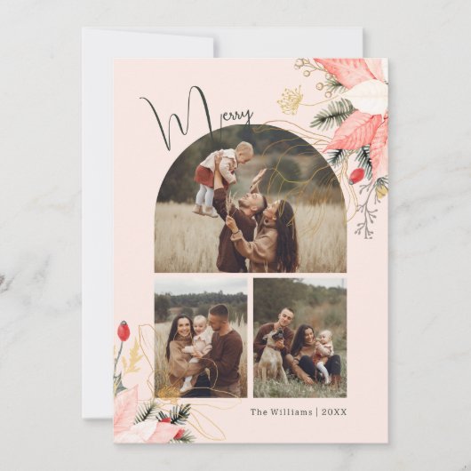 ピンクの冬のフローラアーチメリー6枚の写真クリスマス シーズンカード (正面)