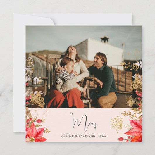 ピンクの冬のフローラメリー7枚の写真クリスマス シーズンカード (正面)