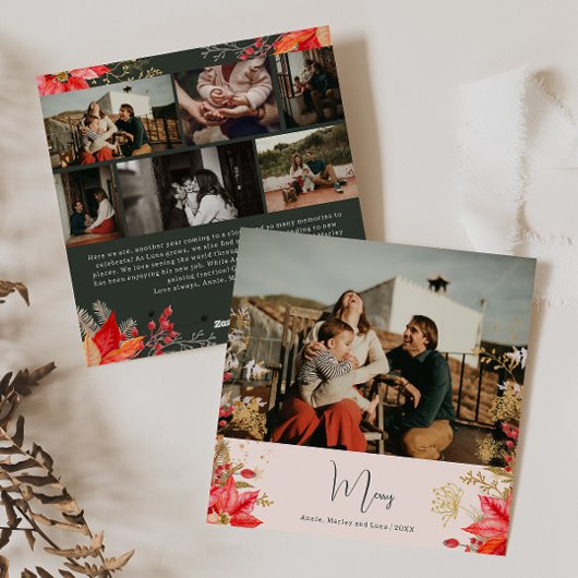 ピンクの冬のフローラメリー7枚の写真クリスマス シーズンカード