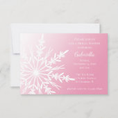 ピンクの冬のブライダルシャワーでの白い雪の結晶 出欠カード (正面)