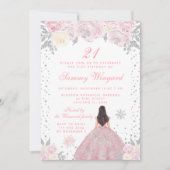 ピンクの冬のブルネットの髪のプリンセスの誕生日パーティー 招待状 (正面)