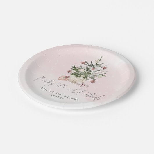 ピンクの冬のベビーは外の寒さ ペーパープレート (アングル)