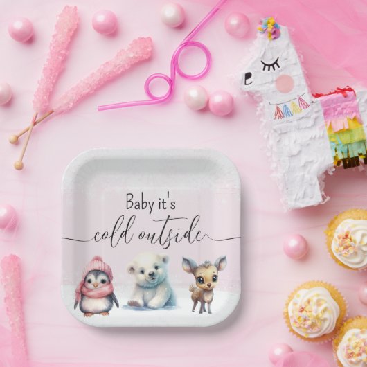 ピンクの冬のベビーベビーシャワー外は寒い ペーパープレート (パーティー)