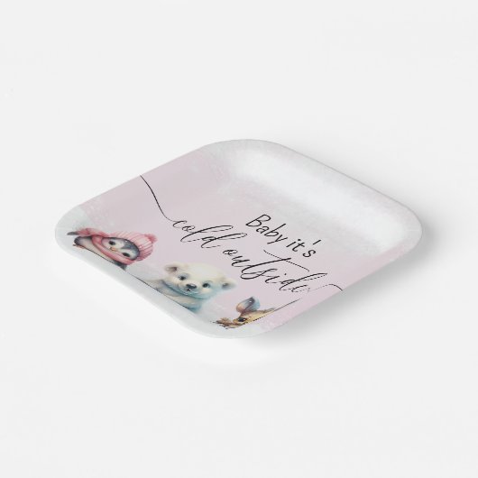 ピンクの冬のベビーベビーシャワー外は寒い ペーパープレート (傾斜あり)