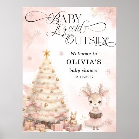 ピンクの冬のベビー鹿の赤ちゃんシャワーへようこそ ポスター (正面)