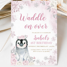 ピンクの冬のペンギンの誕生日パーティー 招待状