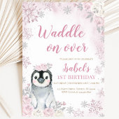 ピンクの冬のペンギンの誕生日パーティー 招待状