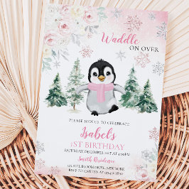 ピンクの冬のペンギンの誕生日パーティー 招待状
