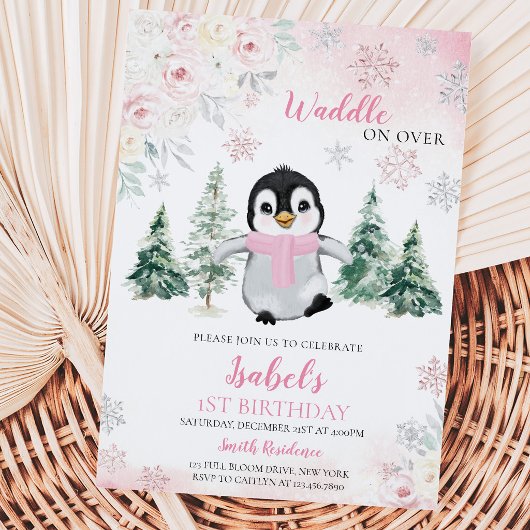 ピンクの冬のペンギンの誕生日パーティー 招待状