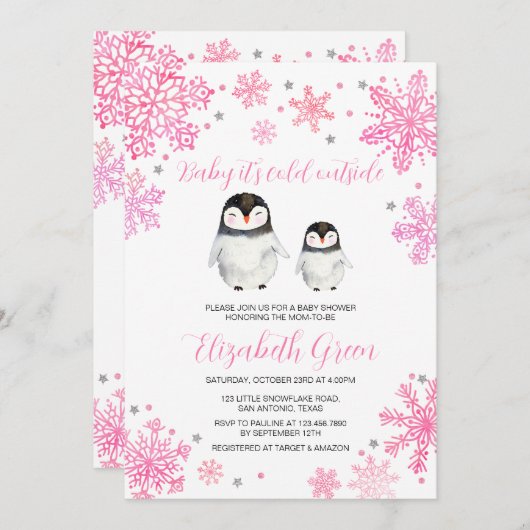 ピンクの冬のペンギンの赤ちゃんシャワー 招待状 (正面/裏面)