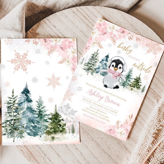 ピンクの冬のペンギンの赤ちゃんシャワー 招待状