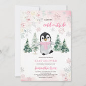 ピンクの冬のペンギンの赤ちゃんシャワー 招待状 (正面)