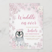 ピンクの冬のペンギンパーティ 招待状 (正面/裏面)