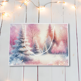 ピンクの冬のワンダーランドクリスマス ラージペーパーバッグ