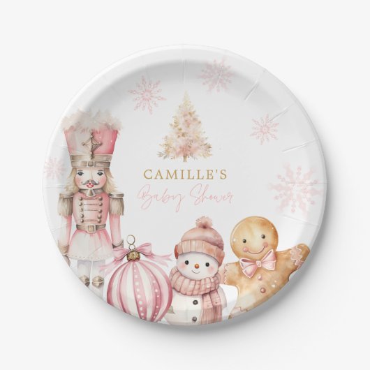 ピンクの冬のワンダーランド赤ちゃんシャワー ペーパープレート (正面)