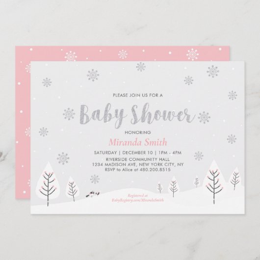 ピンクの冬のワンダーランド、女の子の赤ちゃんシャワー散水 招待状 (正面/裏面)