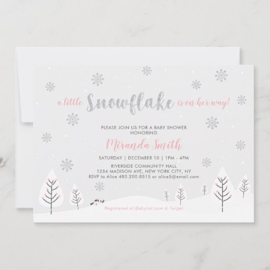 ピンクの冬のワンダーランド、女の子の赤ちゃんシャワー/散水 招待状 (正面)
