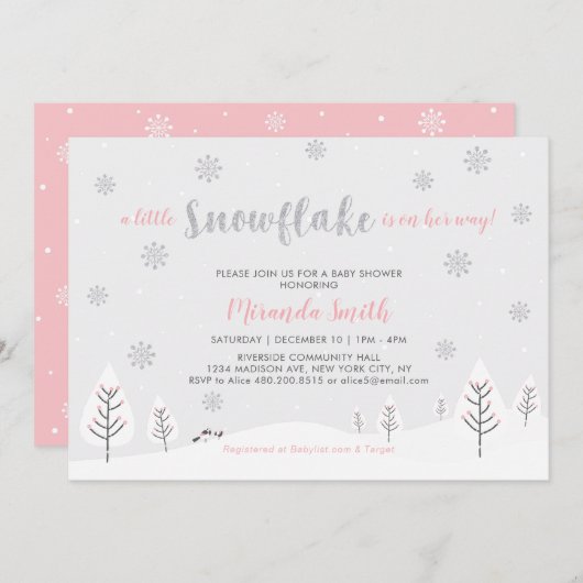 ピンクの冬のワンダーランド、女の子の赤ちゃんシャワー/散水 招待状 (正面/裏面)